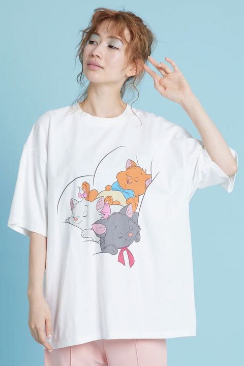 Disney × little sunny bite コラボ マリー プリント 半袖 ビッグTシャツ ホワイト