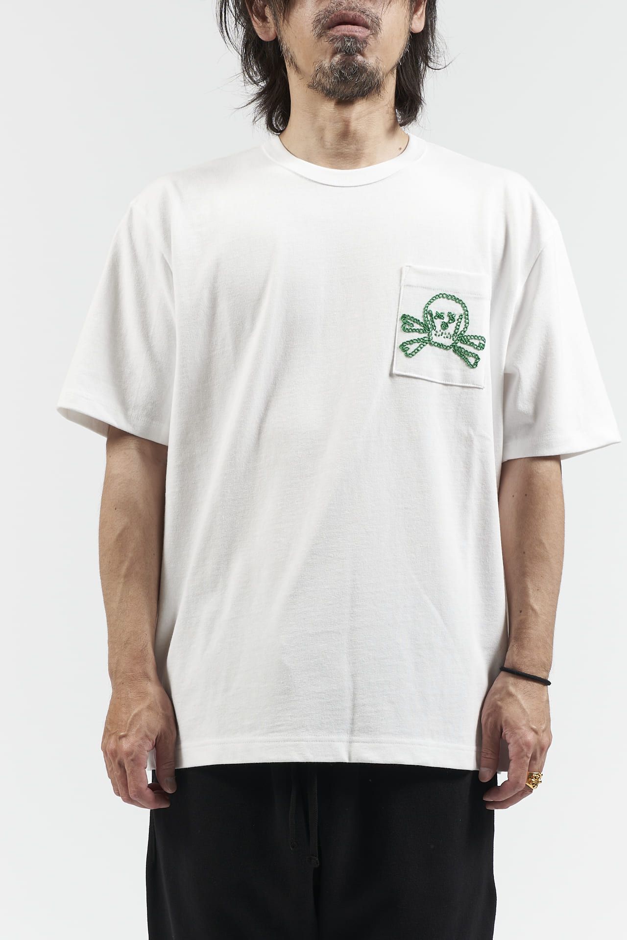 スカル ハンド刺繍 半袖 Tシャツ ホワイト