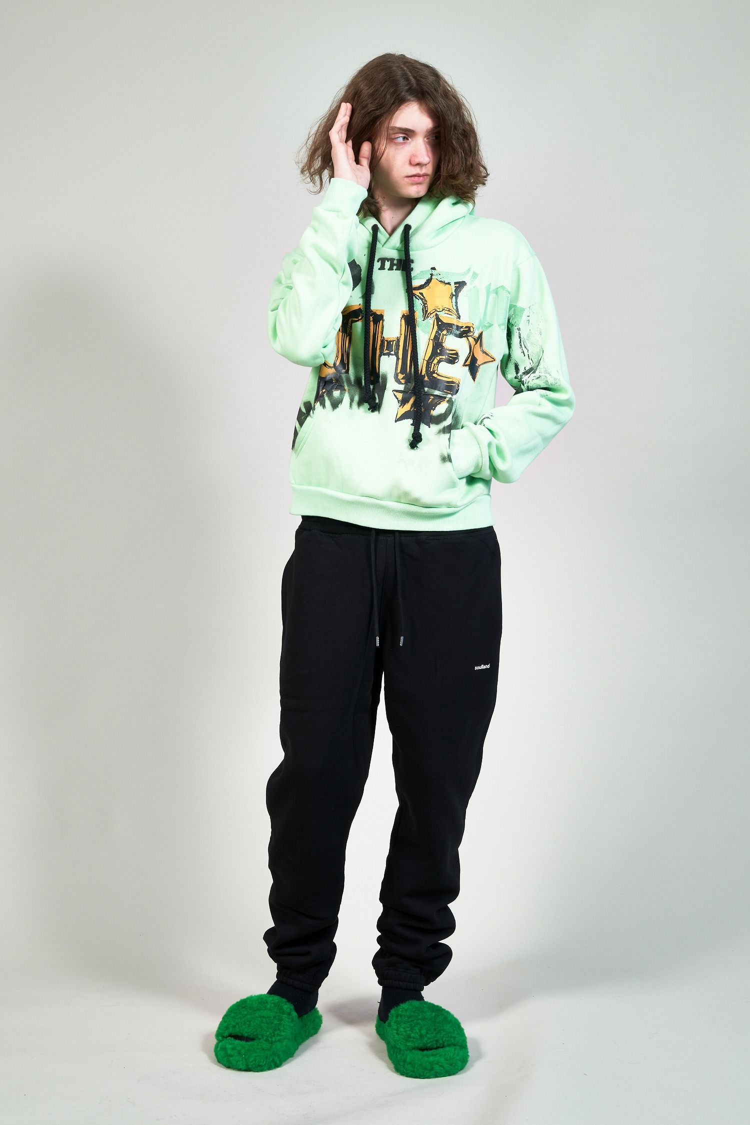 "TEST HOODY" グラフィックプリントパーカー ミントグリーン (one and only)