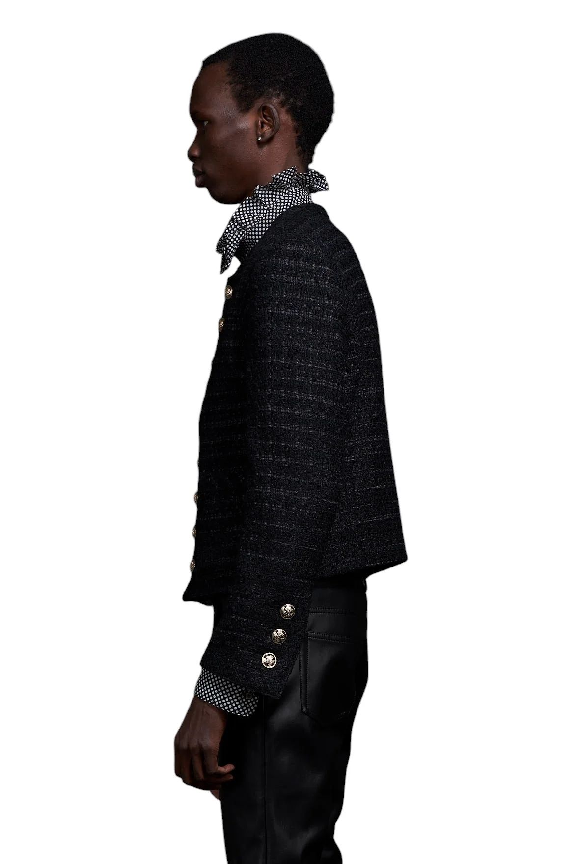 GALAABEND - Tweed No Collar Cropped Militaly Jacket ツイード
