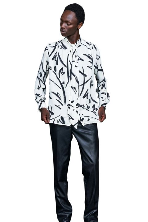 Hand paint Gather Ribbon Shirt WHITE