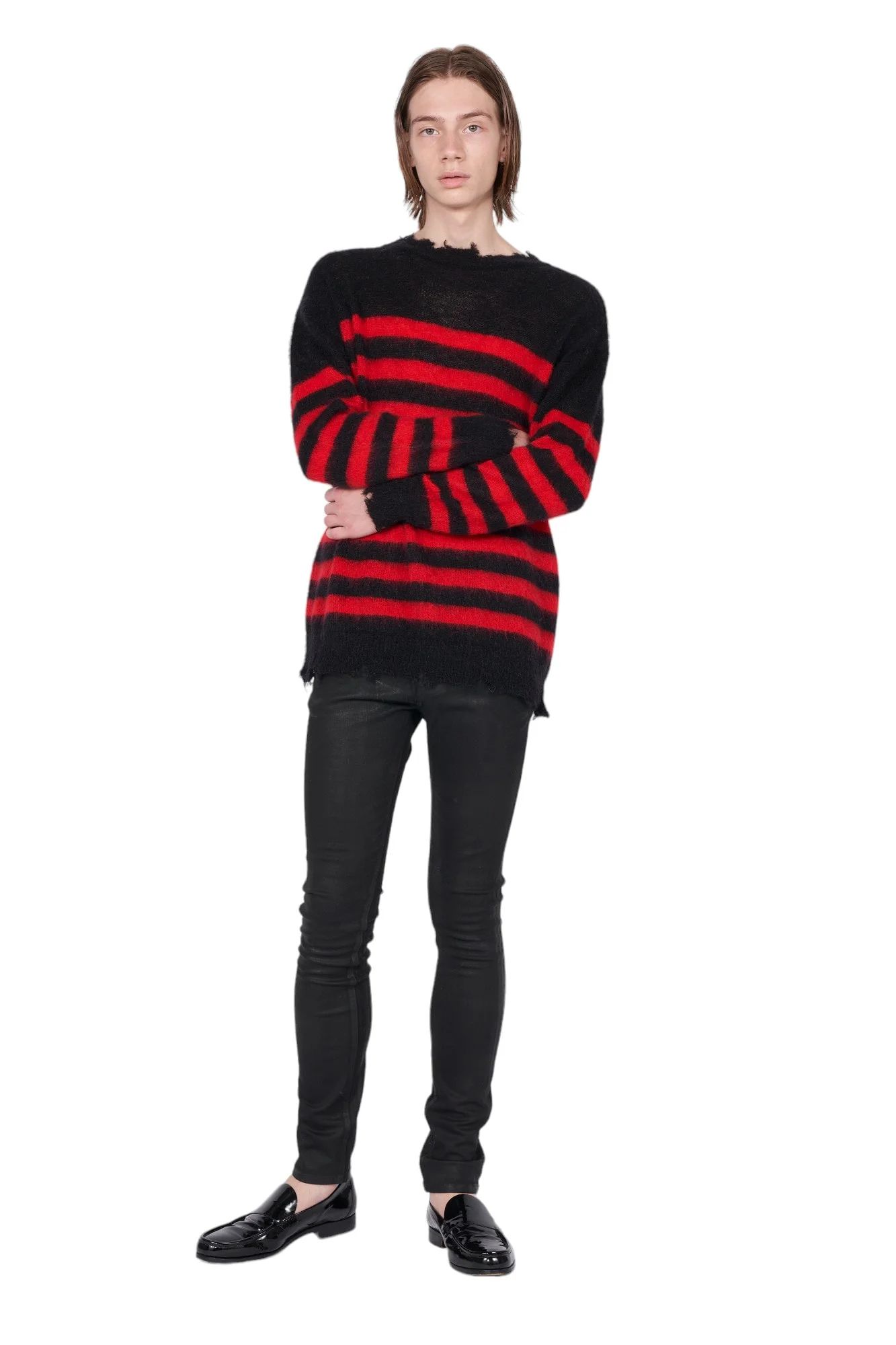 ランダム マリン ボーダーニット Random Marine Border Crashed Knit BLACKxRED