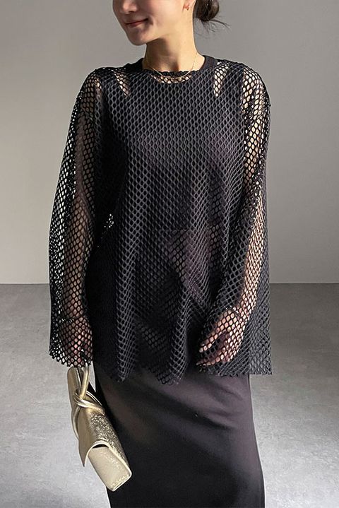 ボックスシルエット メッシュ プルオーバー BLACK