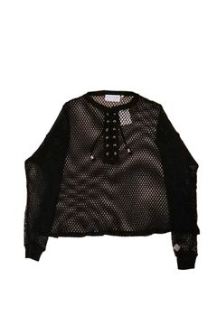 Cotton Laceup Long  Sleeve Mesh TOP ブラック