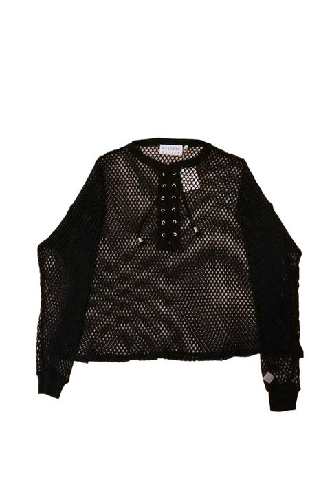 Cotton Laceup Long  Sleeve Mesh TOP ブラック