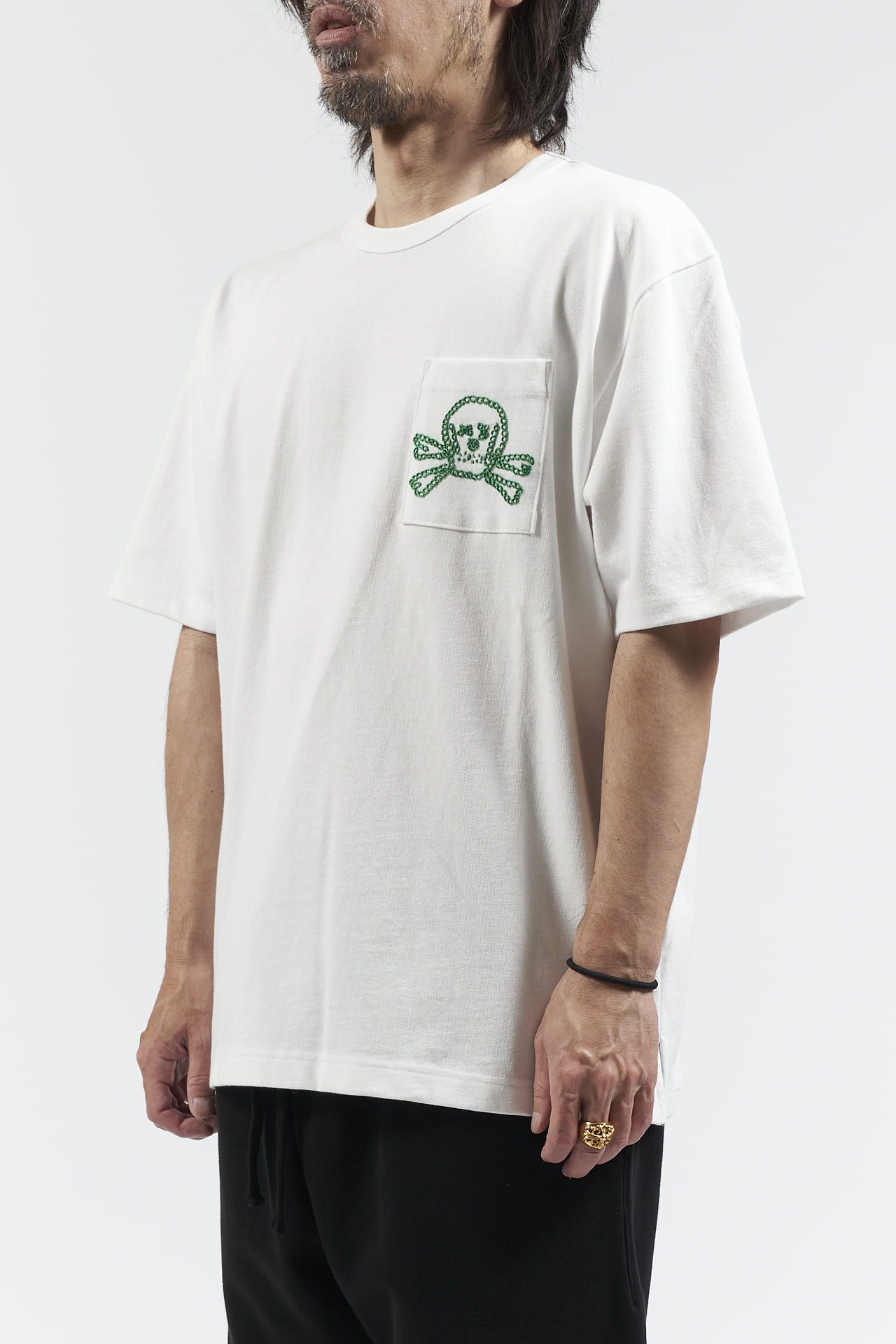 スカル ハンド刺繍 半袖 Tシャツ ホワイト