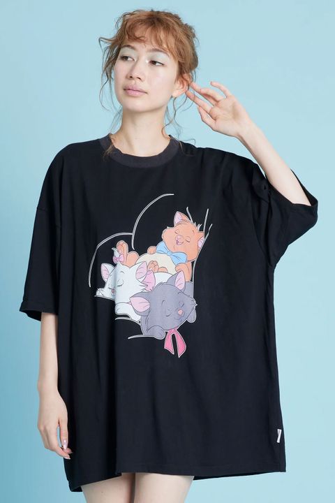 Disney × little sunny bite コラボ マリー プリント 半袖 ビッグTシャツ ブラック