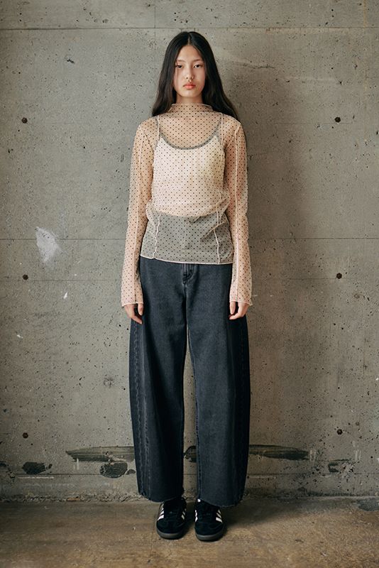 スタンドネック チュール ドット プルオーバー Beige