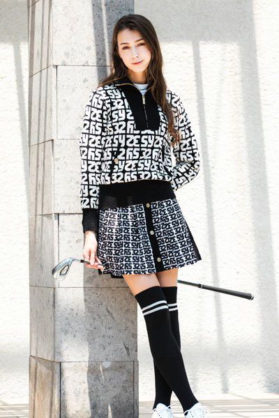 フロントプリーツ プリント スカート ブラック