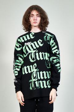 "TEST T" グラフィックプリント 長袖Tシャツ ブラック×ミントグリーン (one and only)