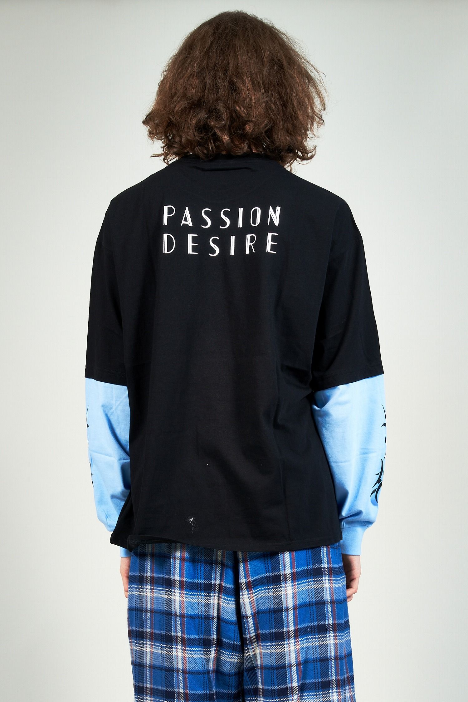 トライバルプリント レイヤード 長袖Tシャツ ブラック