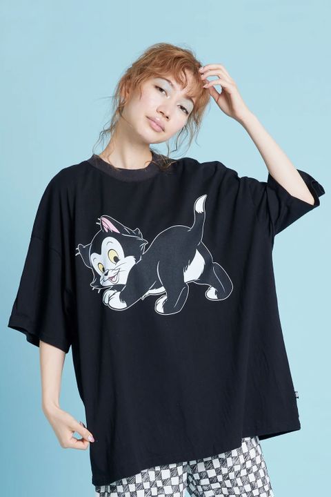 Disney × little sunny bite コラボ フィガロ プリント 半袖 ビッグTシャツ ブラック