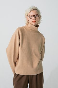 ダブルフェイス ハイネック ニット プルオーバー ベージュ
