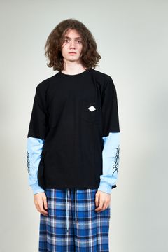 トライバルプリント レイヤード 長袖Tシャツ ブラック