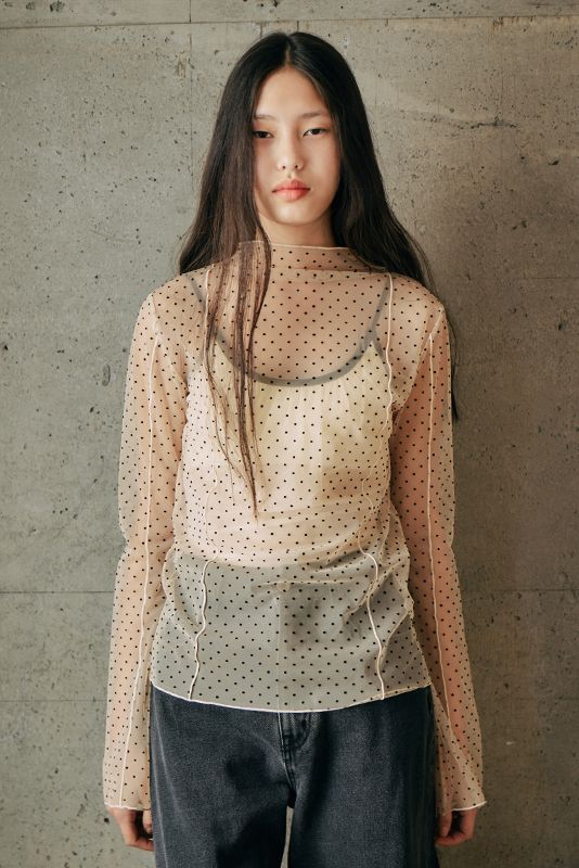 スタンドネック チュール ドット プルオーバー Beige