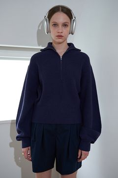 ハーフジップ ニット トップス ネイビー