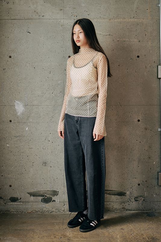 スタンドネック チュール ドット プルオーバー Black