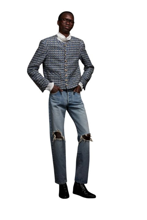 Tweed No Collar Cropped Militaly Jacket ツイードノーカラークロップドミリタリージャケット