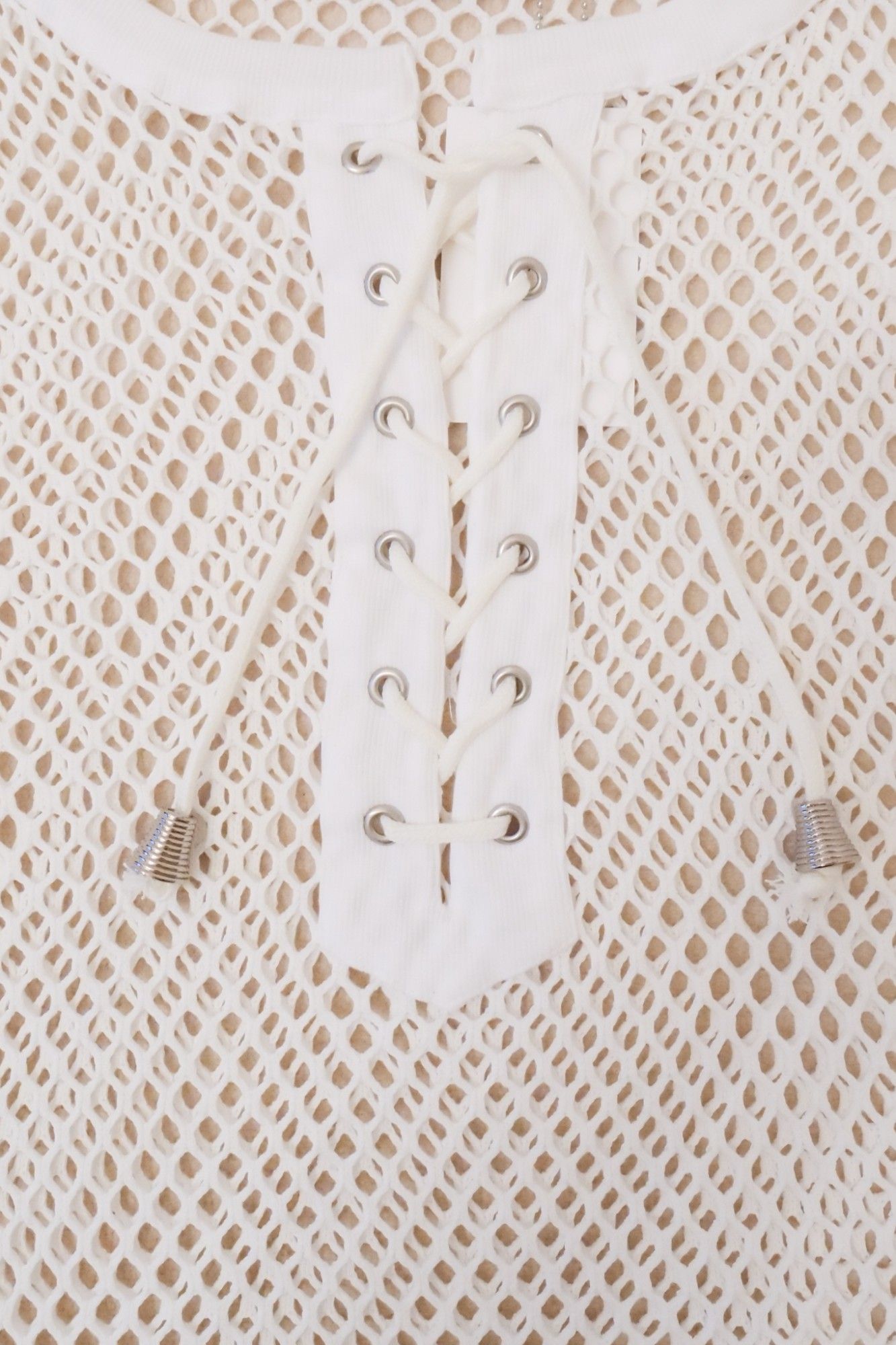 Cotton Laceup Long  Sleeve Mesh TOP ホワイト