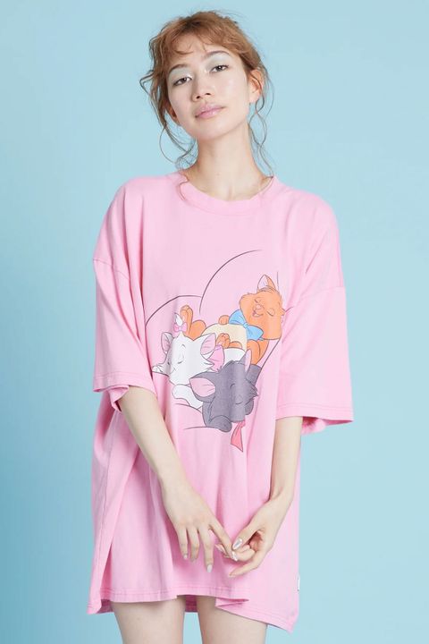 Disney × little sunny bite コラボ マリー プリント 半袖 ビッグTシャツ ピンク