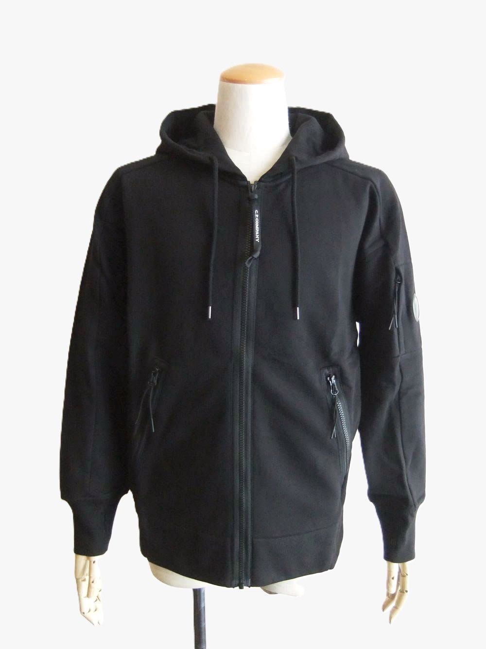 DIAGONAL RAISED FLEECE HOODED ZIP LENS SWEATSHIRT  (ブラック)  スウェットパーカー