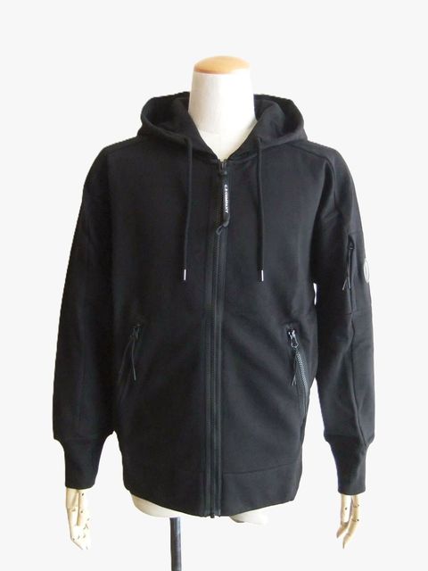 DIAGONAL RAISED FLEECE HOODED ZIP LENS SWEATSHIRT  (ブラック)  スウェットパーカー