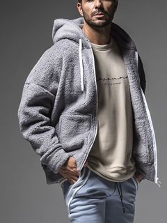BOA ZIP LOOSE HOODIE WEST  (グレー)  ジップアップボアパーカー
