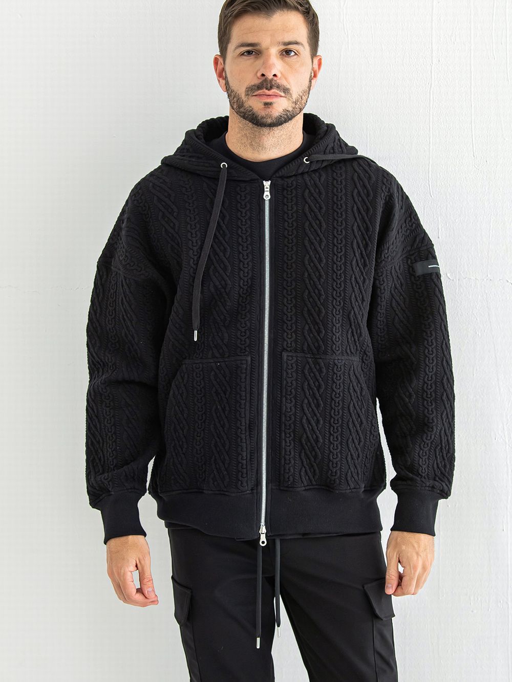 ROPE zip loose hoodie  (ブラック)  縄編みキルティングジップアップパーカー