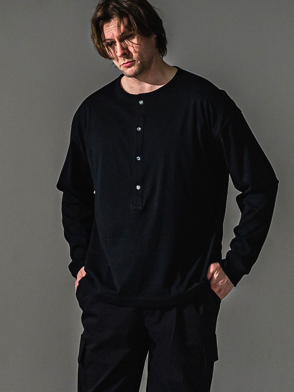 RIB HENRY LONGSLEAVE (ブラック)  オーバーサイズ ヘンリーネック長袖Tシャツ