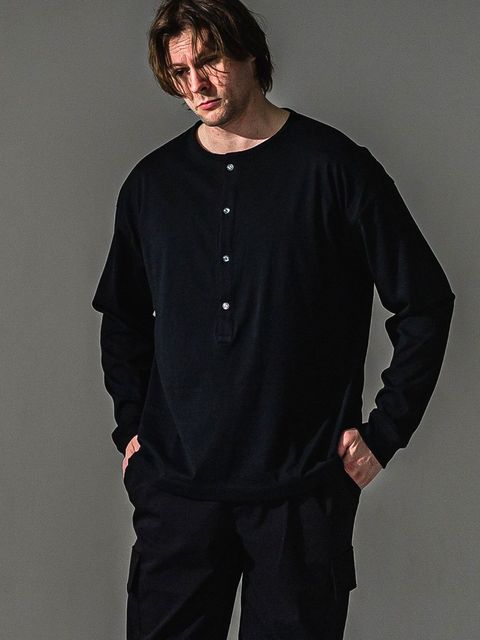 RIB HENRY LONGSLEAVE (ブラック)  オーバーサイズ ヘンリーネック長袖Tシャツ