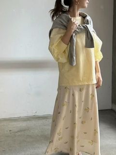 カットソー×布帛 セットイン ボリューム袖 PO  （イエロー）   a15-023