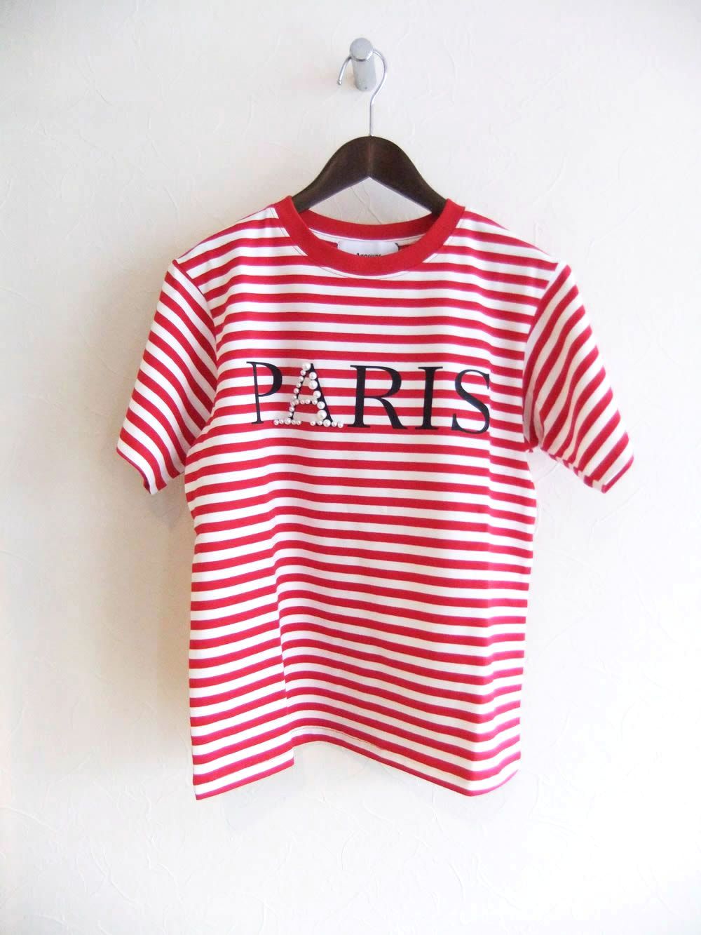 【MICALLE MICALLE Account】 PARIS PEARL BORDER T-SHIRT  (レッド×ホワイト)  パール付き ボーダー T-SHIRT   MAA104TEA