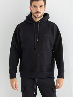 VINTAGE loose hoodie  (ブラック)  度詰め裏毛 クラッシュ加工 ヴィンテージルーズパーカー