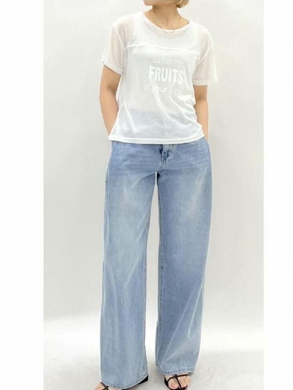 シアー コットン ガーゼ ロゴプリント Tシャツ  (ブルーグレー) 526976