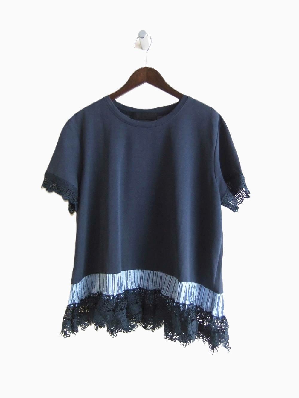 フラワーモチーフ レース付き 切替え Tシャツ    MME126TEB