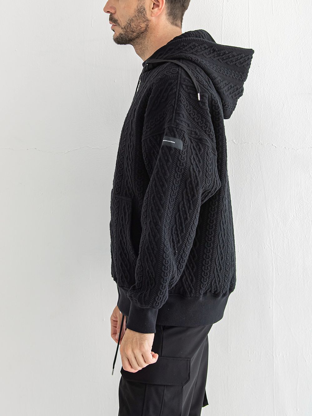 ROPE zip loose hoodie  (ブラック)  縄編みキルティングジップアップパーカー