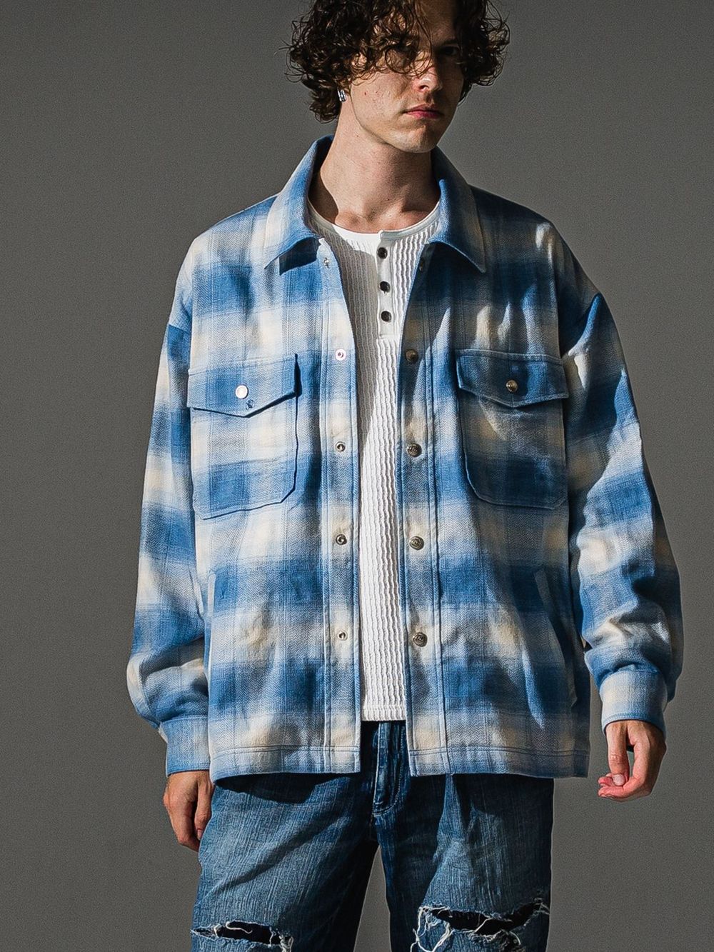 FLANNEL CHECK JK   オンブレチェックヘリンボーンネルジャケット （ブルー）