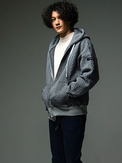 ROPE zip loose hoodie  (グレー)  縄編みキルティングジップアップパーカー