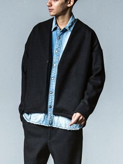 DJ NO COLLAR JK  (ブラック)  ダブルニット オーバーサイズ ノーカラージャケット