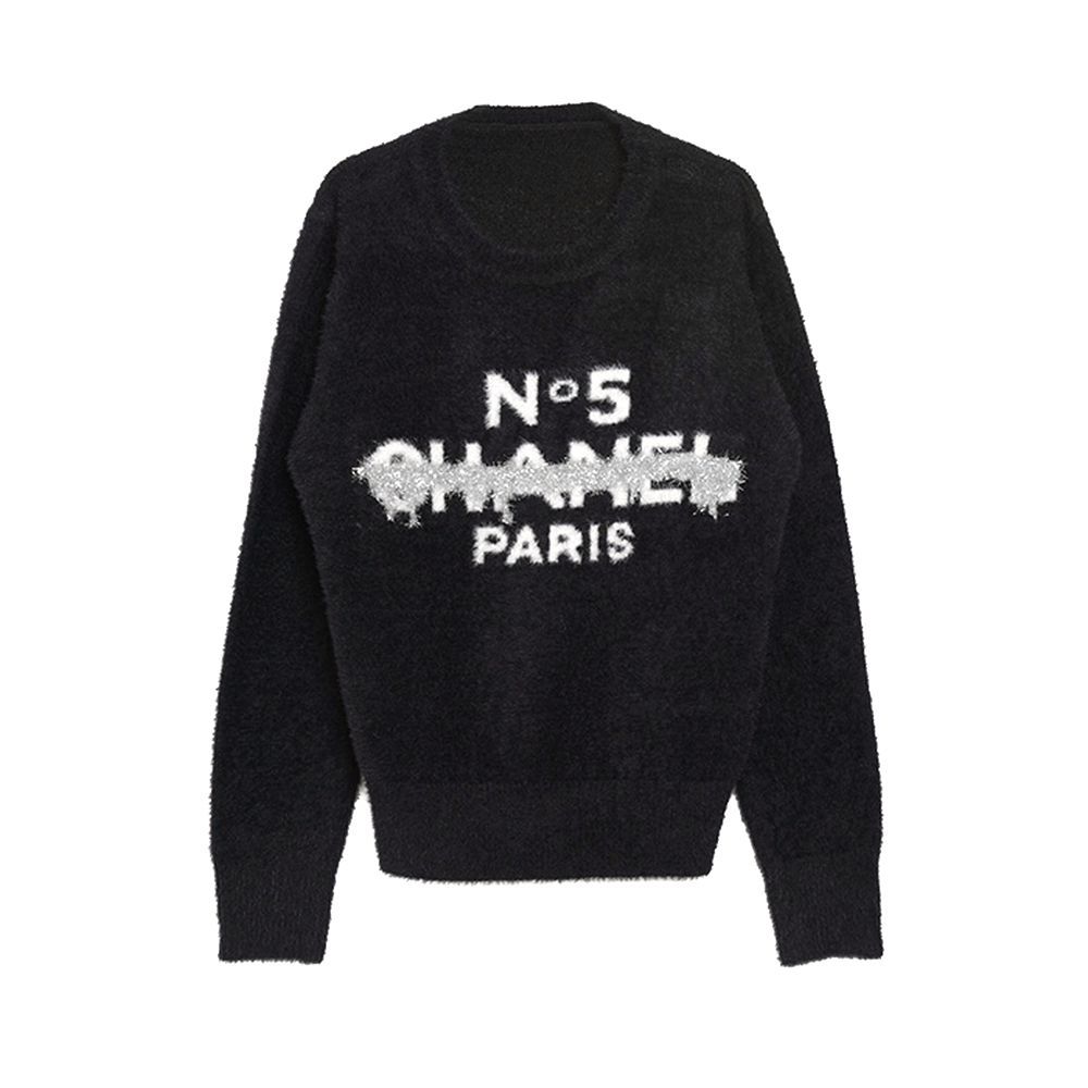 【MICALLE MICALLE Account】 HOMMAGE  No5 SHAGGY KNIT (ブラック)   ロゴ ニット  MAG110NDC