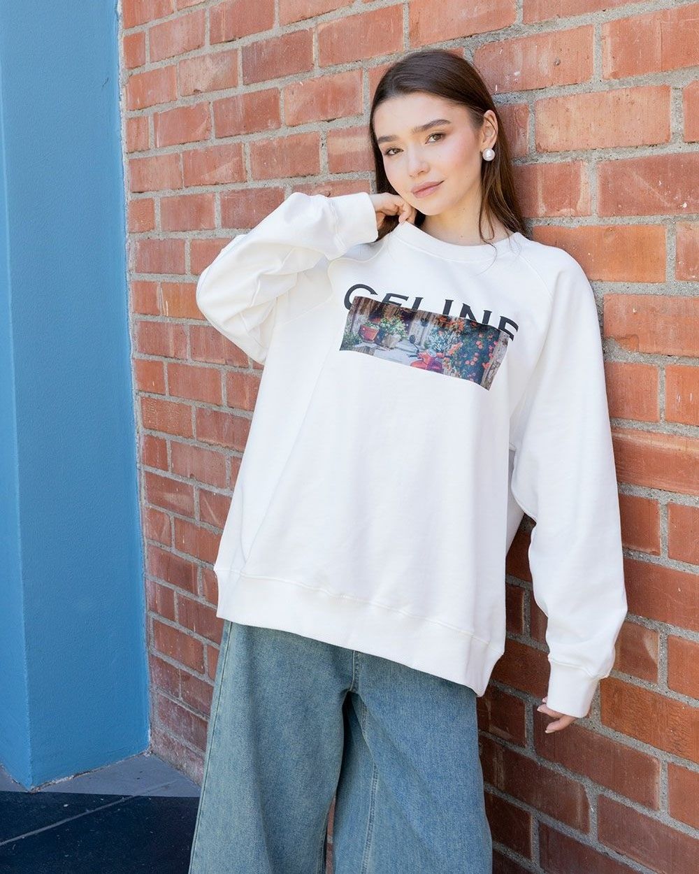 【MICALLE MICALLE Account】 HOMMAGE  CE SWEATSHRIT (ホワイト)   ロゴ Tトレーナー  MAG106TDC