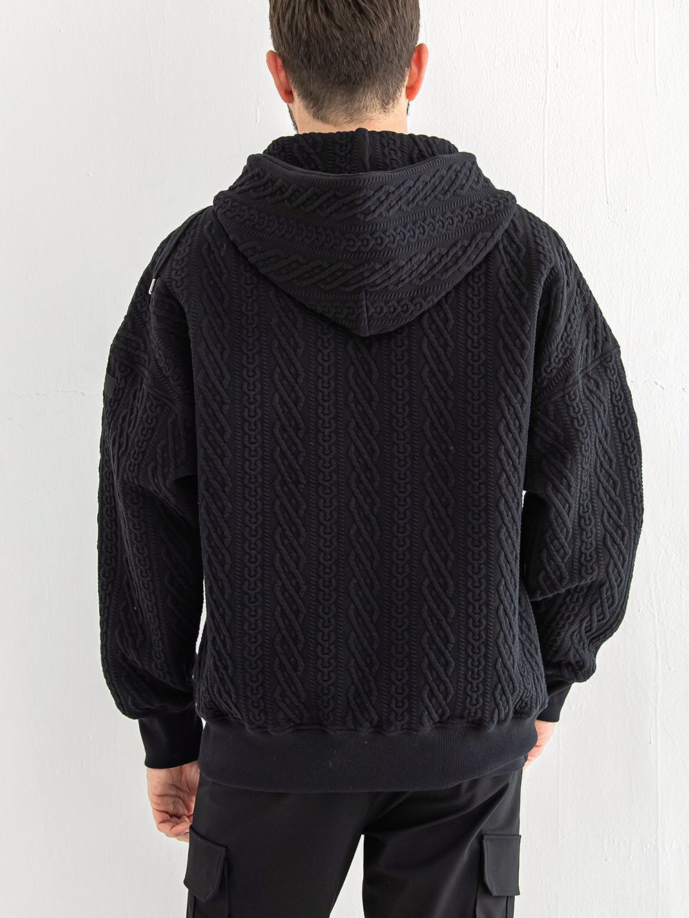 ROPE zip loose hoodie  (ブラック)  縄編みキルティングジップアップパーカー