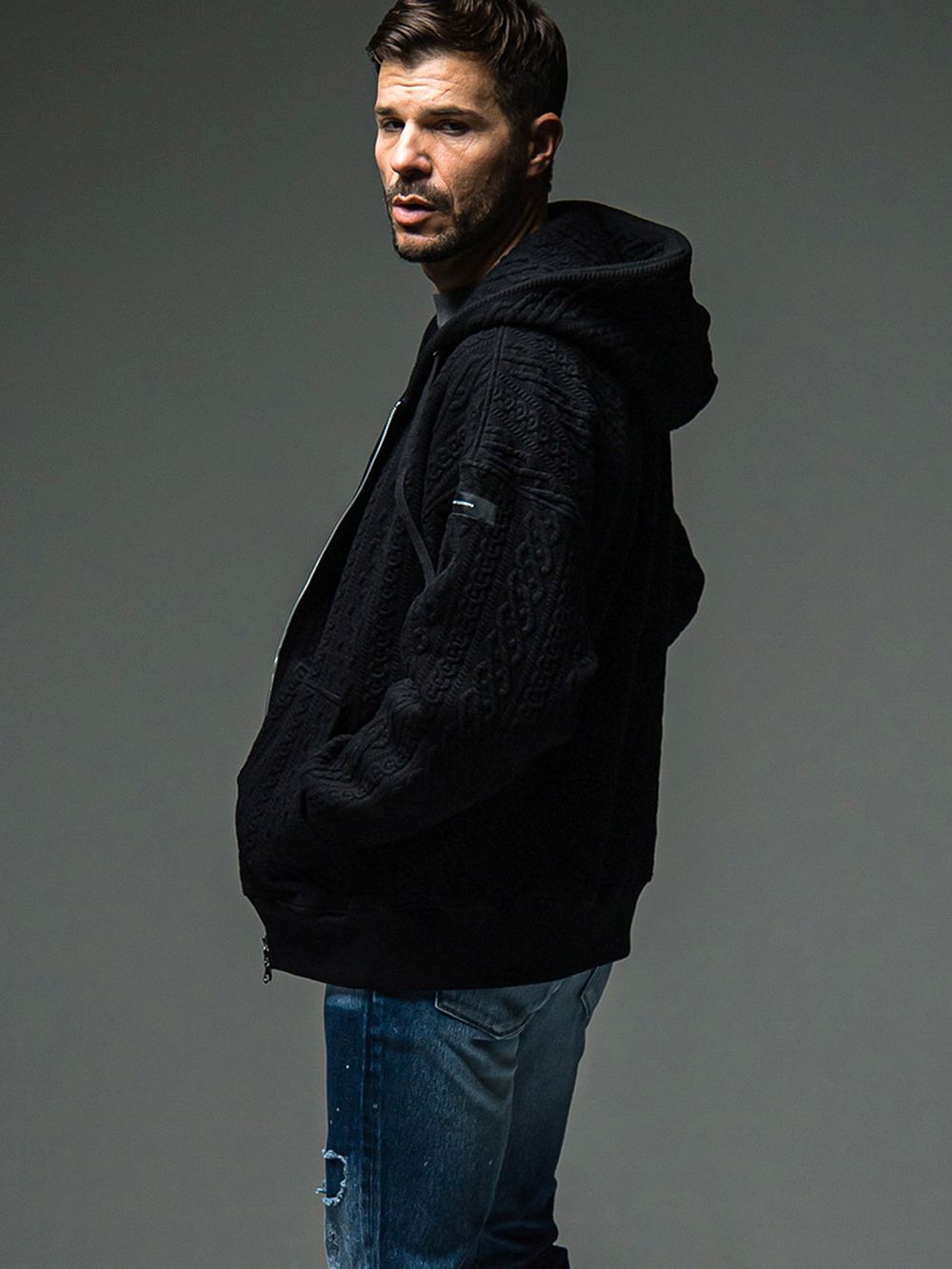 RESOUND CLOTHING - ROPE zip loose hoodie (ブラック) 縄編み