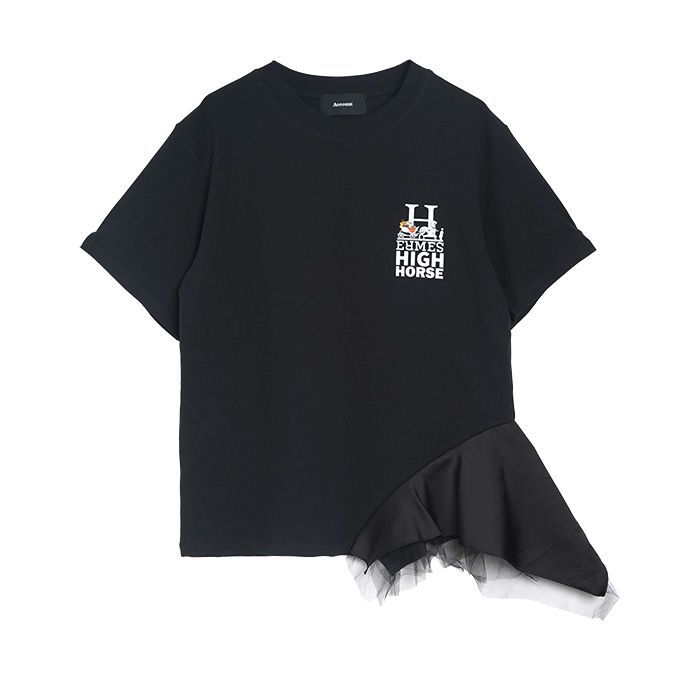 【MICALLE MICALLE Account】 HOMMAGE HIGH HORSE SCARF-HEM T-SHIRT  (ブラック)  スカーフヘム フリル Tシャツ  MAD114TEB