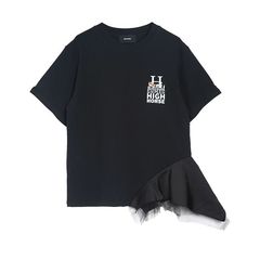 【MICALLE MICALLE Account】 HOMMAGE HIGH HORSE SCARF-HEM T-SHIRT  (ブラック)  スカーフヘム フリル Tシャツ  MAD114TEB