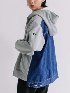 裏毛 × DENIM  異素材 切替 ZIP UPパーカー   BB31-910