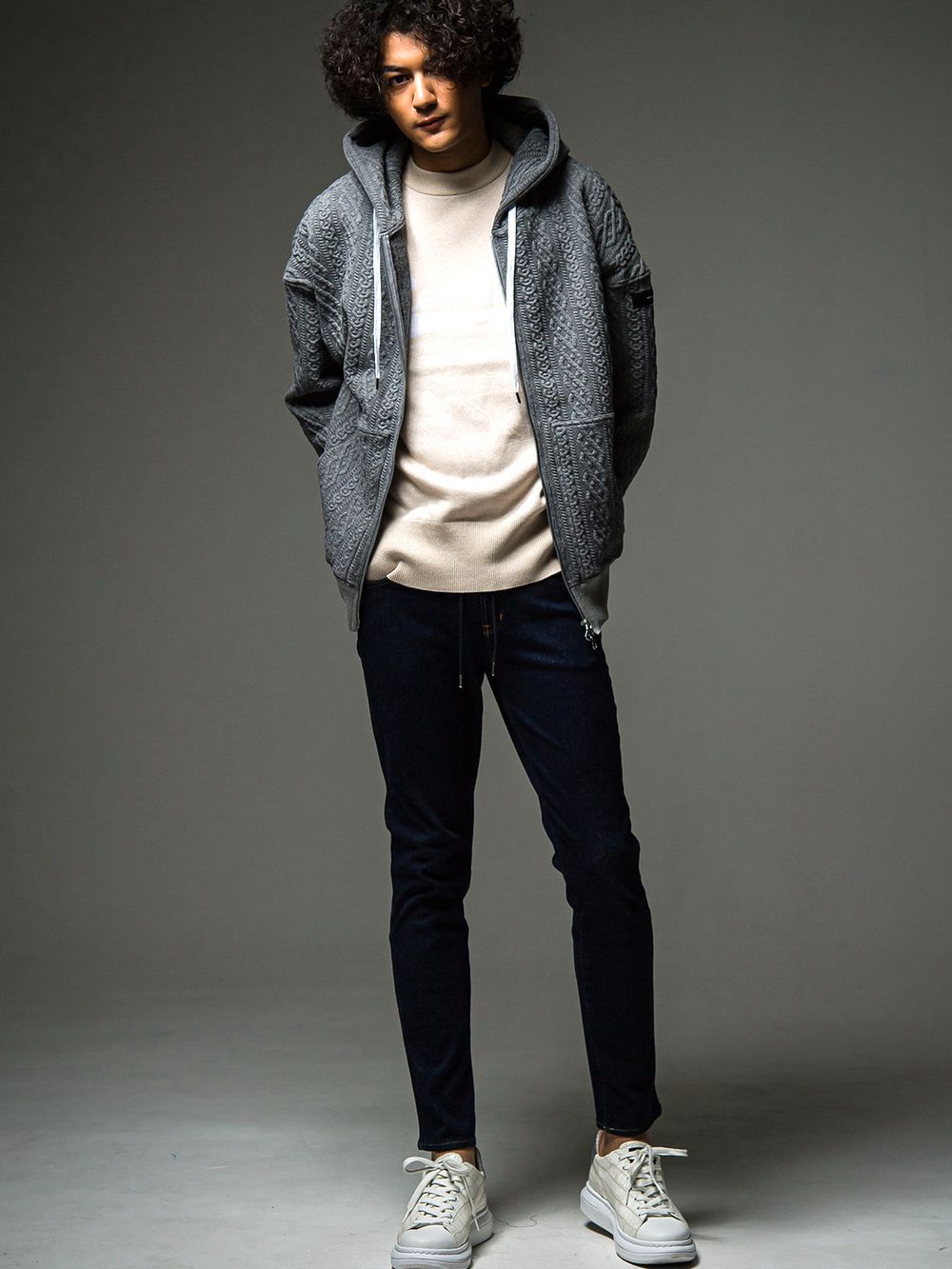 ROPE zip loose hoodie  (グレー)  縄編みキルティングジップアップパーカー