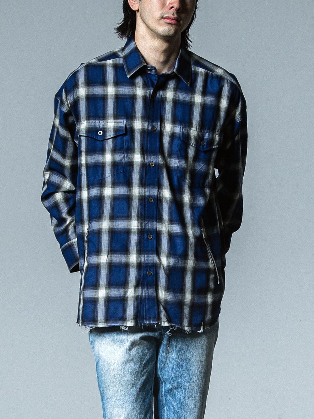 OVER GOWN CHECK SHIRTS （ブルー）  オ－バーサイズ チェックシャツ