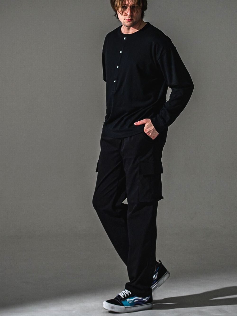 RIB HENRY LONGSLEAVE (ブラック)  オーバーサイズ ヘンリーネック長袖Tシャツ