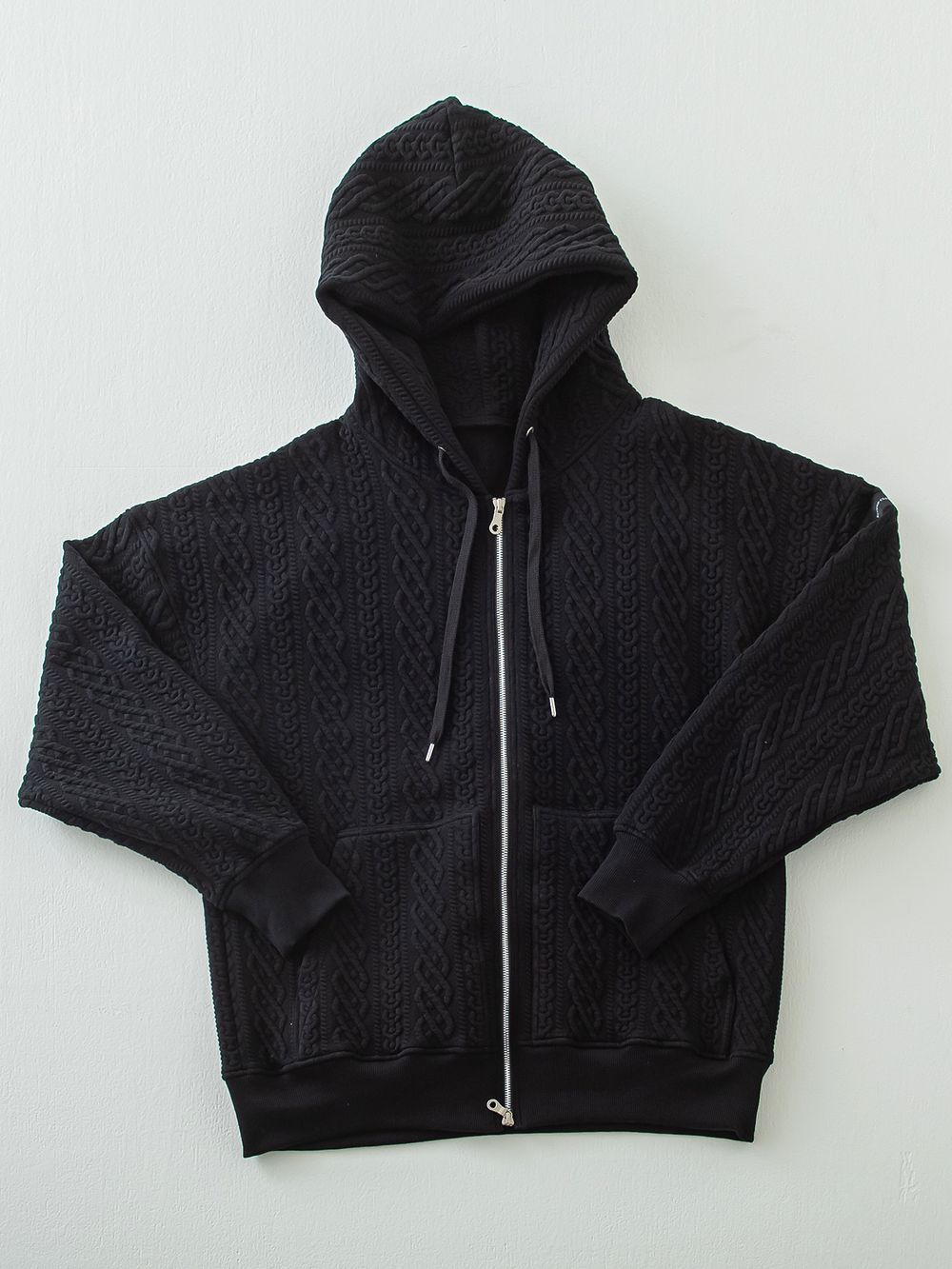 ROPE zip loose hoodie  (ブラック)  縄編みキルティングジップアップパーカー